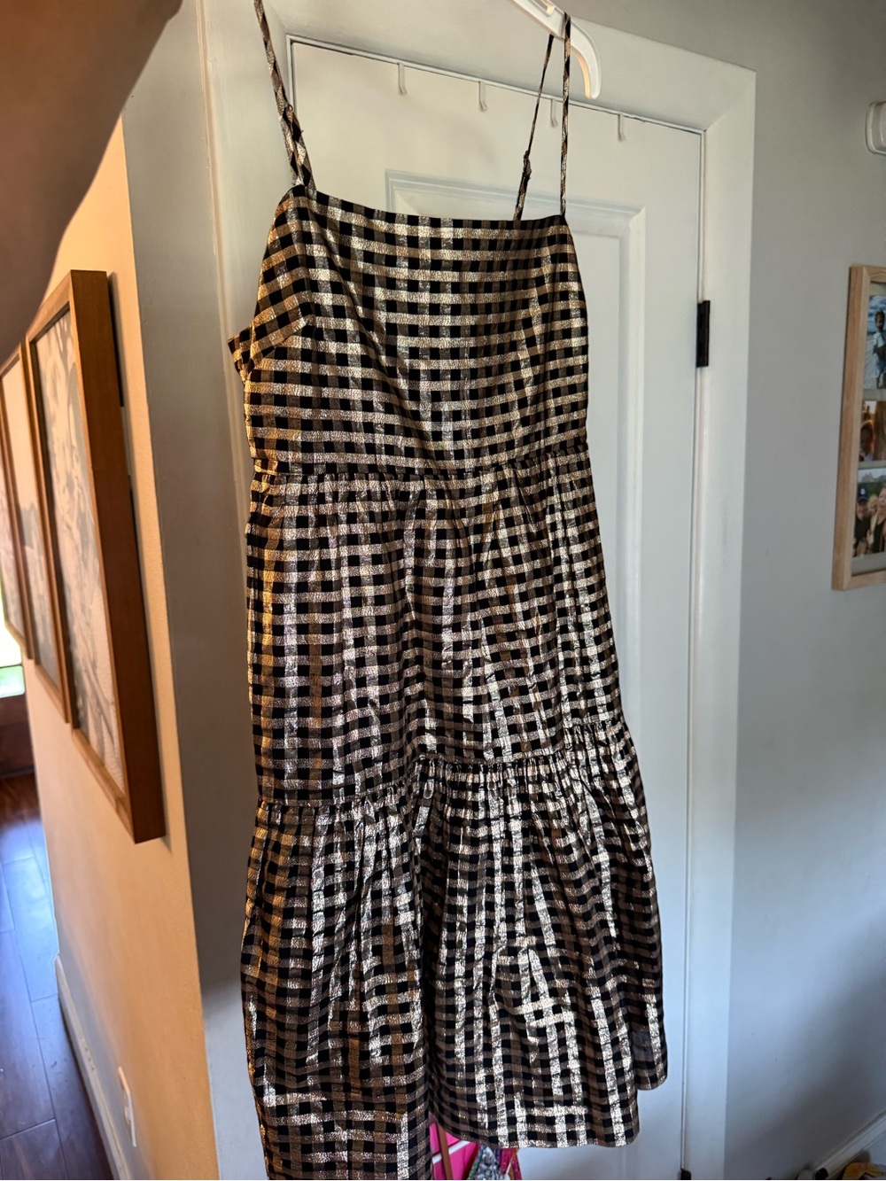 J. Crew Black and Gold Gingham Tiered Midi Dress